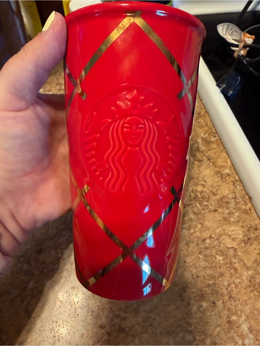 Starbucks Red Ceramic Tumbler with Gold Plaid Accents